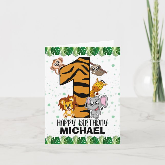 Wild One Safari Jungle Animals First Birthday Card (Front)