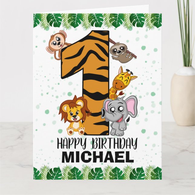 Wild One Safari Jungle Animals First Birthday Card (Front)