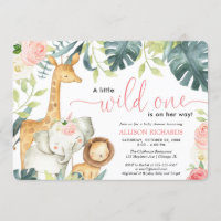 Wild one safari jungle animals girl baby shower invitation