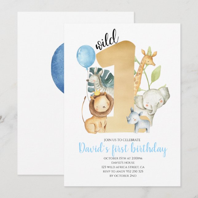 Wild One Safari Jungle Animals Gold Greenery Cute Invitation (Front/Back)