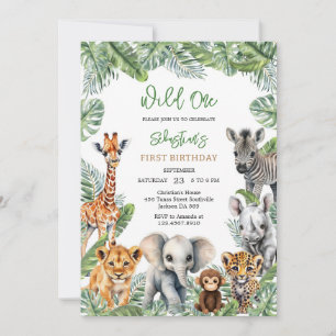 Wild One Safari Jungle Animals Kids Birthday Invitation