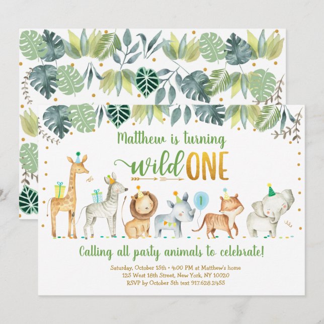 Wild One Safari Jungle Birthday Invitation (Front/Back)