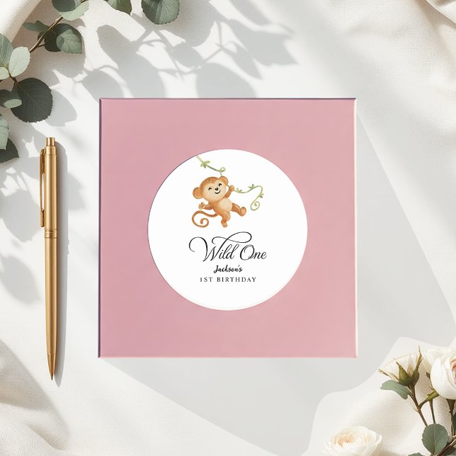 Wild One Safari Jungle Boys 1st Birthday Party Classic Round Sticker (Creator Uploaded)