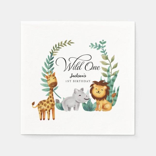 Wild One Safari Jungle Boys 1st Birthday Party Napkins (Front)