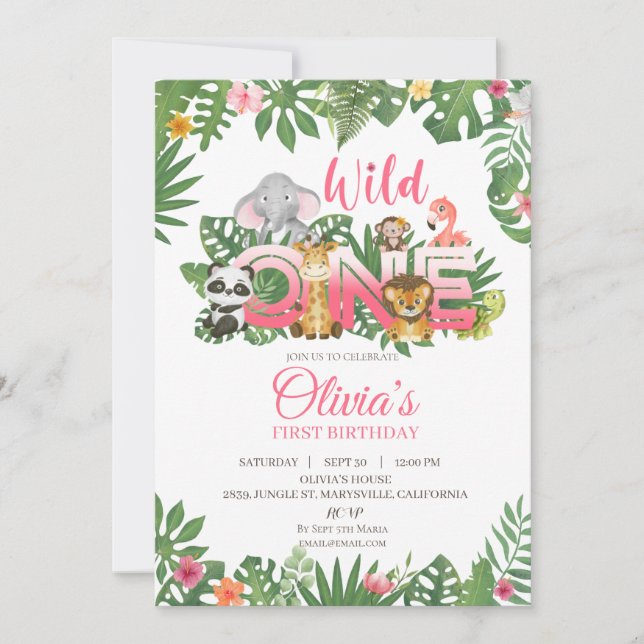 Wild One Safari Jungle First Birthday Baby Girl Invitation (Front)