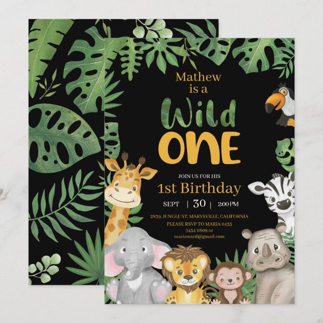Wild One Safari Jungle First Birthday black Invitation (Front/Back)