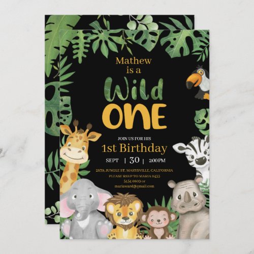 Wild One Safari Jungle First Birthday black Invitation
