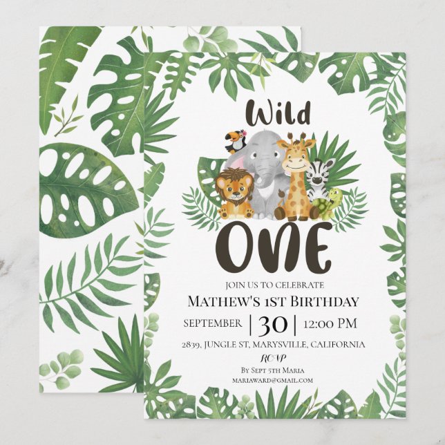 Wild One Safari Jungle First Birthday Invitation (Front/Back)