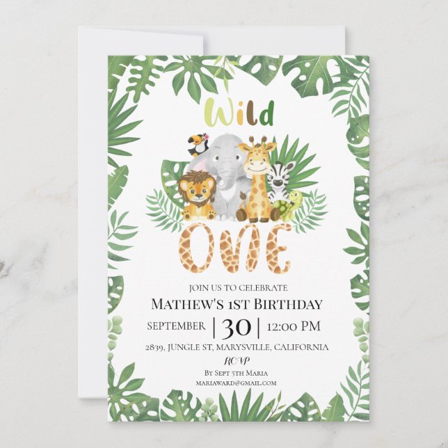 Wild One Safari Jungle First Birthday Invitation (Front)