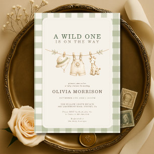 Wild One Safari Jungle Gingham Sage Baby Shower Invitation