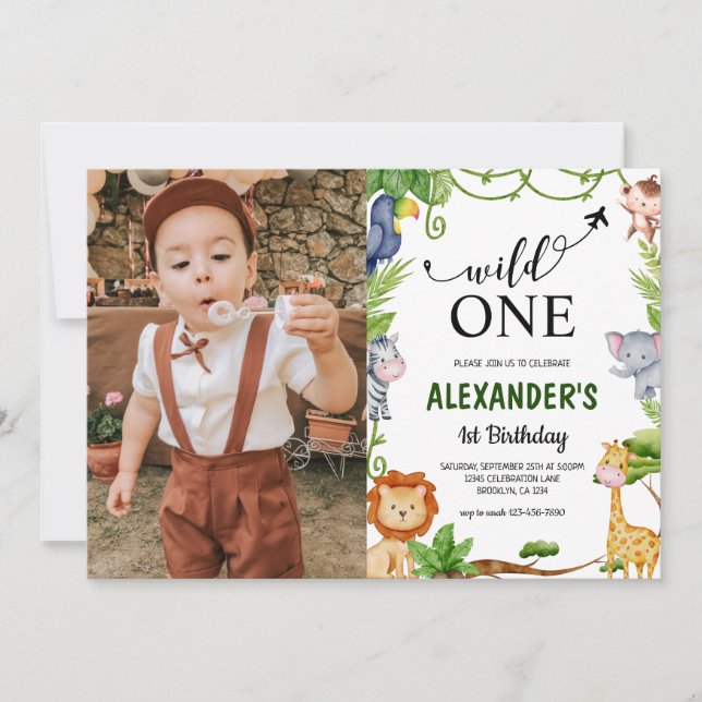 Wild One Safari Jungle Photo Watercolor Birthday Invitation (Front)