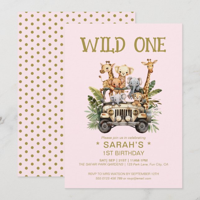 Wild One Safari Jungle Pink 1st First Birthday Invitation (Front/Back)