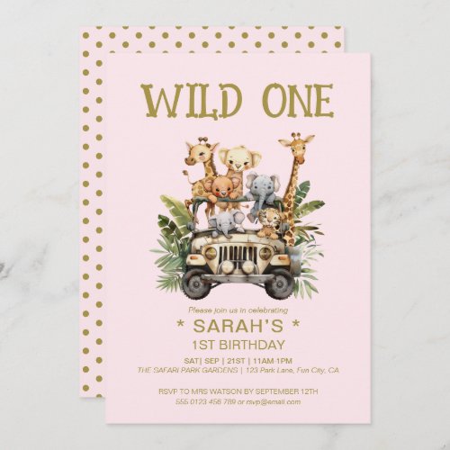 Wild One Safari Jungle Pink 1st First Birthday Invitation