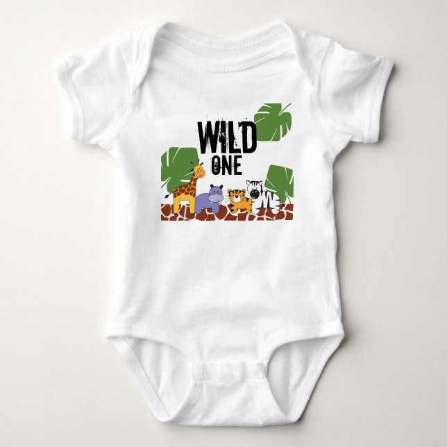 "WILD ONE" Safari, Jungle Theme First Birthday Baby Bodysuit (Front)
