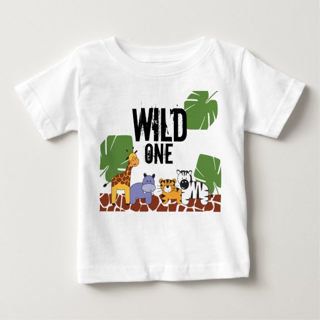 "WILD ONE" Safari, Jungle Theme First Birthday Baby T-Shirt (Front)