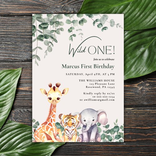 Wild One Safari Jungle Watercolor First Birthday Invitation