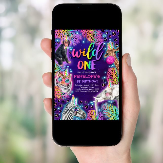 Wild One Safari Neon Rainbow Cheetah Birthday Invitation (Front Digital)