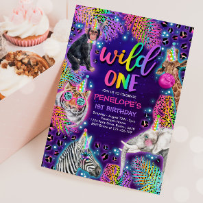 Wild One Safari Neon Rainbow Cheetah Birthday Invitation