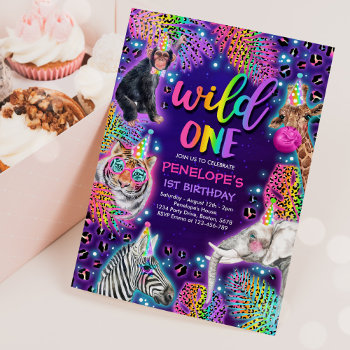 Wild One Safari Neon Rainbow Cheetah Birthday Invitation by PixelPerfectionParty at Zazzle