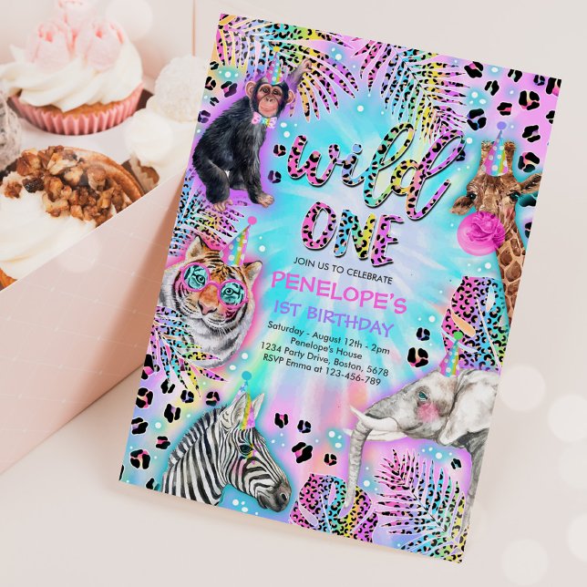 Wild One Safari Neon Rainbow Cheetah Birthday Invitation (Creator Uploaded)