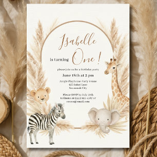 Wild One Safari Pampas Boho Birthday Party Invitation