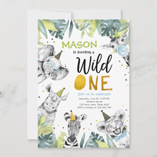 Wild One Safari Party Animals Boy First Birthday Invitation (Front)