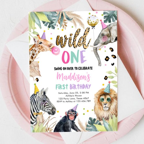 Wild One Safari Party Animals Girl First Birthday Invitation