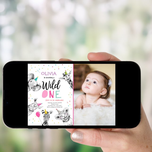 Wild One Safari Party Animals Girl First Birthday  Invitation (Front Digital)