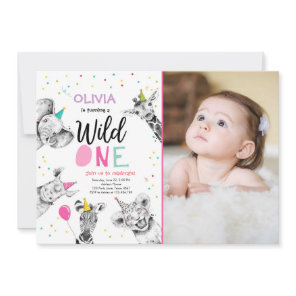 Wild One Safari Party Animals Girl First Birthday  Invitation