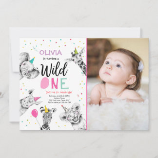 Wild One Safari Party Animals Girl First Birthday Invitation