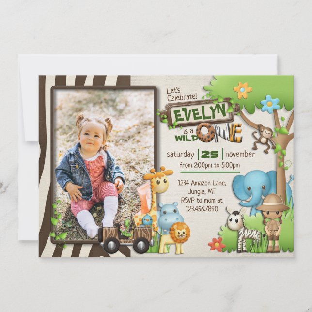 Wild One Safari Photo Birthday for girl Invitation (Front)