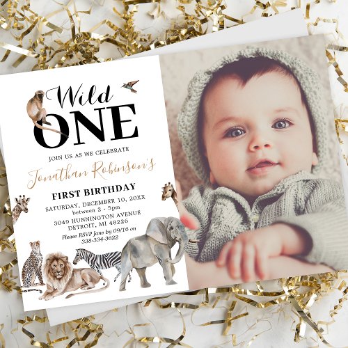 Wild One Safari Photo First Birthday Invitation