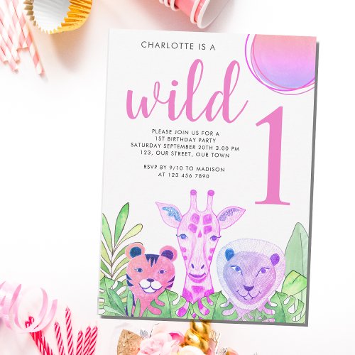 Wild One Safari Pink 1st Birthday  Invitation