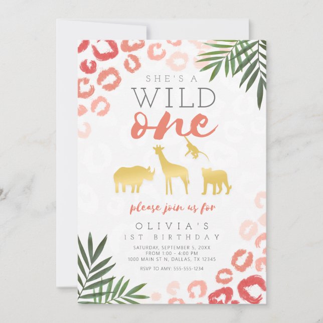 Wild One Safari Pink and Gold 1st Birthday Invitation (Front)