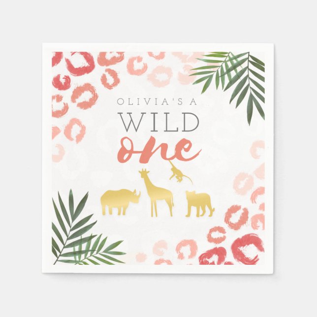 Wild One Safari Pink and Gold 1st Birthday Napkins (Front)