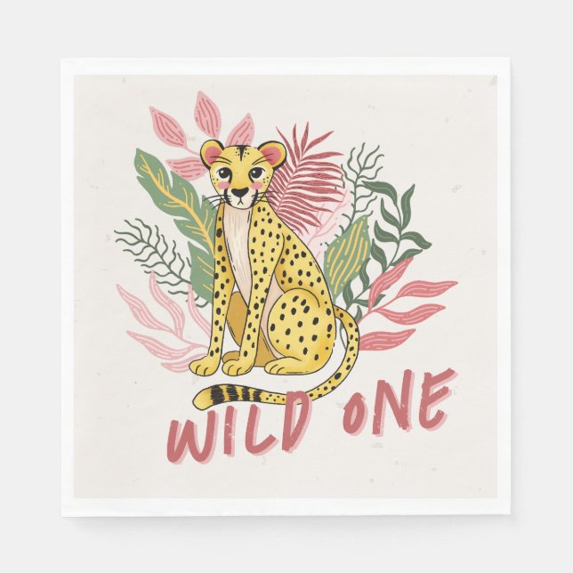 Wild One Safari Pink Cheetah Kids Birthday Party Napkins (Front)