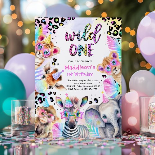 Wild One Safari Pink Girl Leopard Birthday Party Invitation
