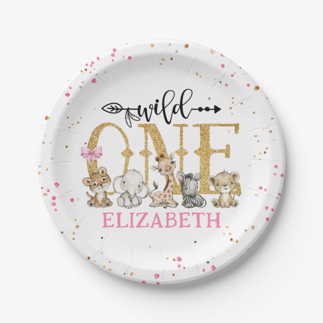 Wild One Safari Pink Glitter First Birthday Paper  Paper Plates (Front)