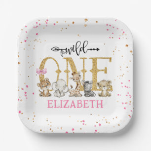Wild One Safari Pink Glitter First Birthday Paper Plates