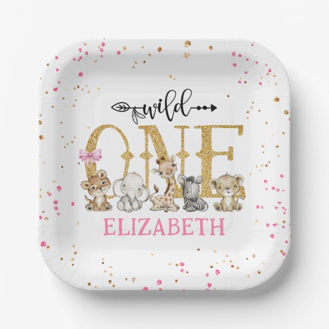 Wild One Safari Pink Glitter First Birthday Paper Plates (Front)