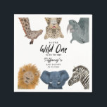 Wild One Safari Theme Baby Shower Napkins<br><div class="desc">Cute safari theme baby shower paper napkin featuring illustration of a giraffe,  leopard,  rhino,  lion,  elephant,  and zebra. Great for a summer gender neutral shower. The text says "a little wild one is on the way."</div>