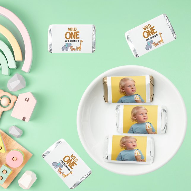 Wild One Safari Theme Boys 1st Birthday Hershey's Miniatures (Wild One 1st Birthday Hershey bar wrappers with name and photo.)