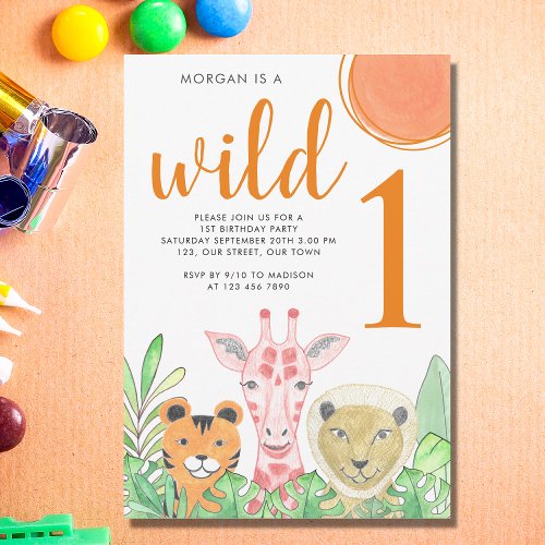Wild One Safari Theme Boys First Birthday Party  Invitation