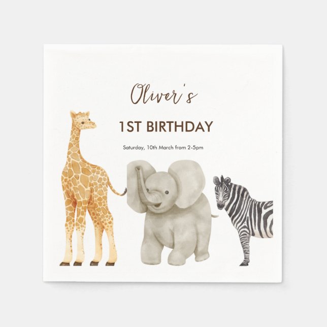 Wild One Safari Theme First Birthday  Invitation Napkins (Front)