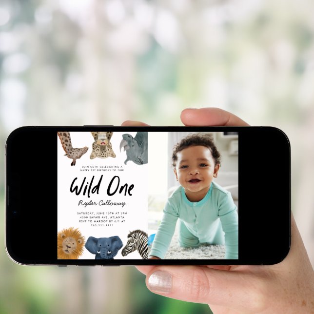 Wild One Safari Theme First Birthday Party Photo Invitation (Front Digital)
