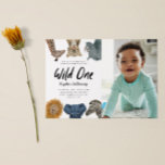 Wild One Safari Theme First Birthday Party Photo Invitation<br><div class="desc">Cute and fun kid's first birthday party invitation featuring illustration of safari animals of giraffe,  snow leopard,  rhino,  lion,  elephant,  and zeebra. The text says "Wild One." Perfect for a boy's 1st birthday party. Add your child's photo as well on the front of the card.</div>