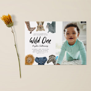 Wild One Safari Theme First Birthday Party Photo Invitation