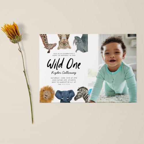 Wild One Safari Theme First Birthday Party Photo Invitation