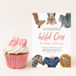 Wild One Safari Theme Girl's First Birthday Party Invitation<br><div class="desc">Cute and fun kid's first birthday party invitation featuring illustration of safari animals of giraffe,  snow leopard,  rhino,  lion,  elephant,  and zebra with pink flowers,  crowns,  and party hats. The text says "Wild One." Perfect for a girl's 1st birthday party.</div>