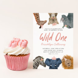 Wild One Safari Theme Girl&#39;s First Birthday Party Invitation